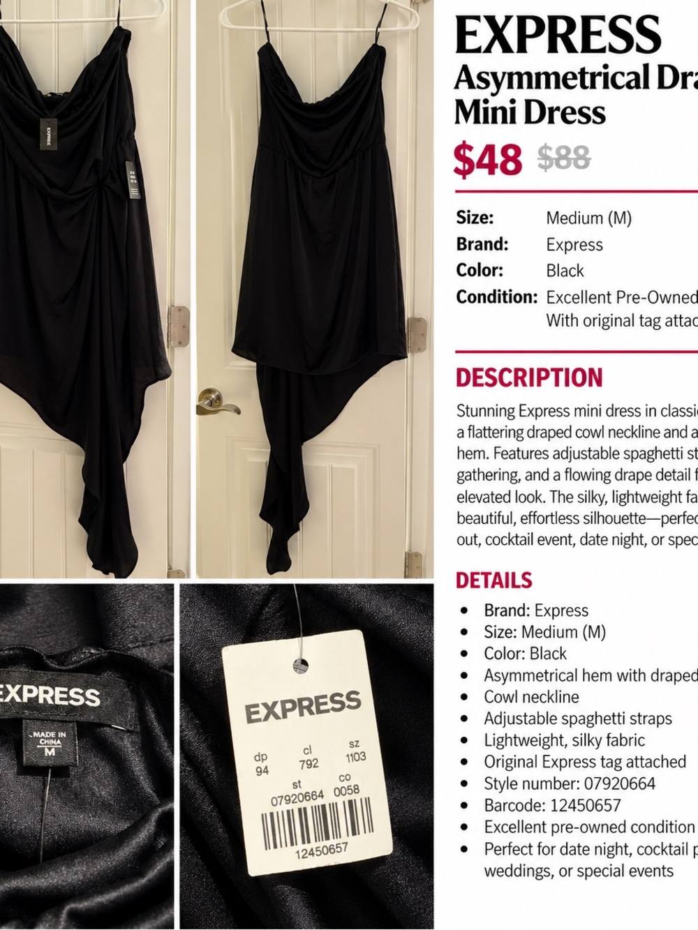 Express Black Asymmetrical Draped Cowl Neck Dress Size Medium